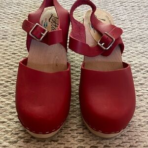 Lotta From Stockholm Red Leather and Wood Clogs: Sz 39: Never Worn!